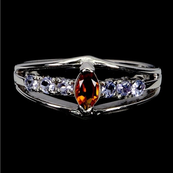 925 Silver with Marquise Citrine Tanzanite Ring. Size 8